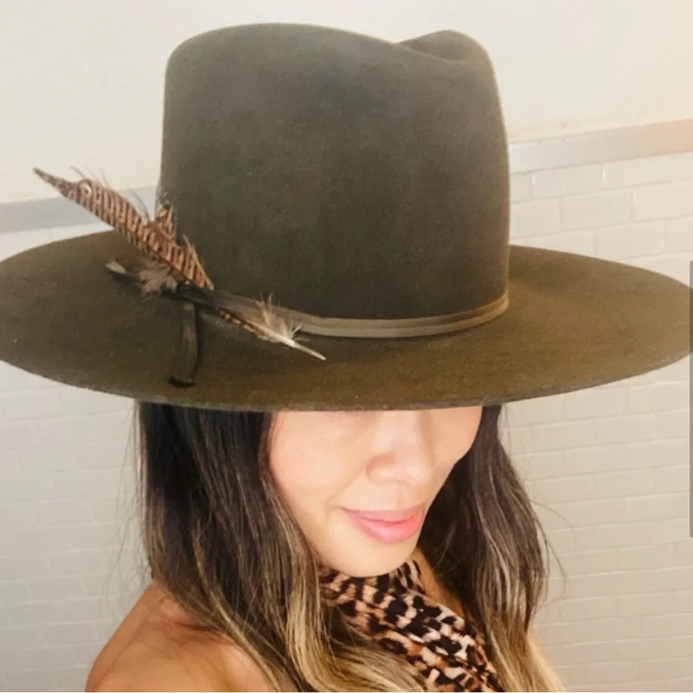 Authentic Custom Stetson Rabbit Felt Fur Green Sage Western Flat Brim Hat - Picture 4 of 11